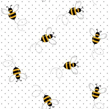Seamless pattern with bees on white polka dots background. Small wasp. Vector Illustrazione stock