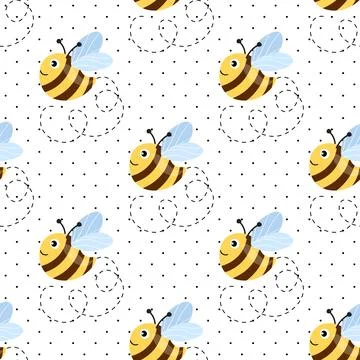 Seamless pattern with bees on white polka dots background. Small wasp. Vector Stock Illustration