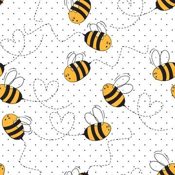Seamless pattern with bees on white polka dots background. Small wasp. Vector Illustrazione stock
