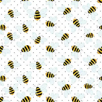 Seamless pattern with bees on white polka dots background. Small wasp. Vector Stock Illustration