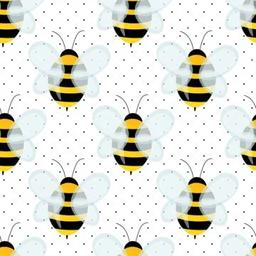 Seamless pattern with bees on white polka dots background. Small wasp. Vector Stock Illustration