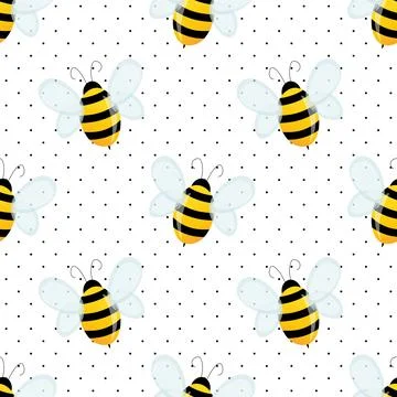 Seamless pattern with bees on white polka dots background. Small wasp. Vector Stock Illustration
