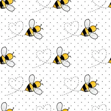 Seamless pattern with bees on white polka dots background. Small wasp. Vector Stock Illustration
