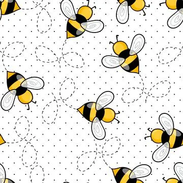 Seamless pattern with bees on white polka dots background. Small wasp. Vector Illustrazione stock