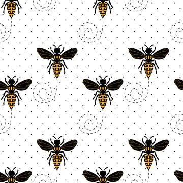 Seamless pattern with bees on white polka dots background. Small wasp. Vector Illustrazione stock