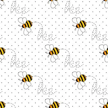 Seamless pattern with bees on white polka dots background. Small wasp. Vector Stock Illustration