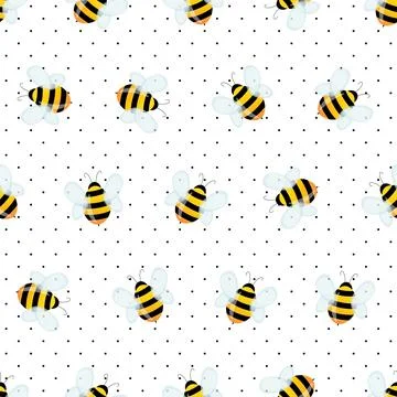 Seamless pattern with bees on white polka dots background. Small wasp. Vector Stock Illustration