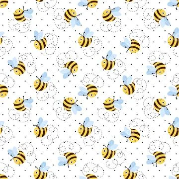 Seamless pattern with bees on white polka dots background. Small wasp. Vector Stock Illustration