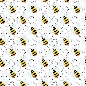 Seamless pattern with bees on white polka dots background. Small wasp. Vector Stock Illustration