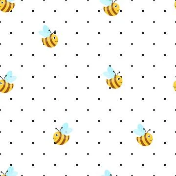 Seamless pattern with bees on white polka dots background. Small wasp. Vector 스톡 일러스트