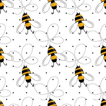 Seamless pattern with bees on white polka dots background. Small wasp. Vector Stock Illustration