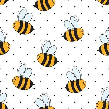 Seamless pattern with bees on white polka dots background. Small wasp. Vector Illustrazione stock