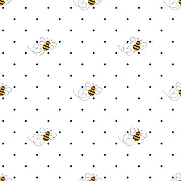 Seamless pattern with bees on white polka dots background. Small wasp. Vector Stock Illustration