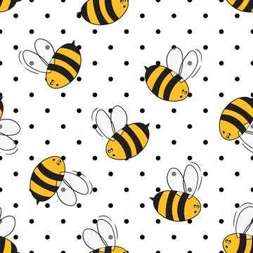 Seamless pattern with bees on white polka dots background. Small wasp. Vector Stock Illustration