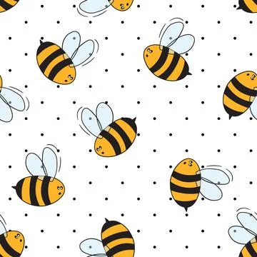 Seamless pattern with bees on white polka dots background. Small wasp. Vector Illustrazione stock
