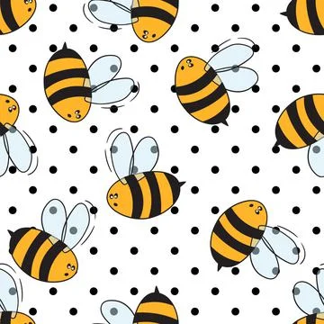 Seamless pattern with bees on white polka dots background. Small wasp. Vector Stock Illustration