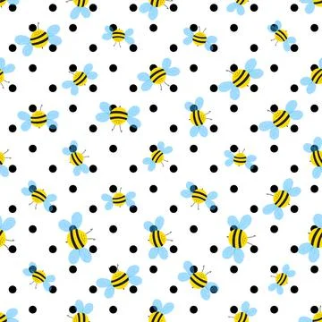 Seamless pattern with bees on white polka dots background. Small wasp. Vector Illustrazione stock
