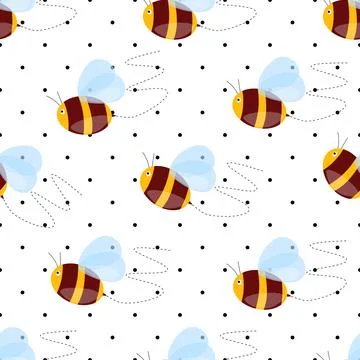 Seamless pattern with bees on white polka dots background. Small wasp. Vector 스톡 일러스트