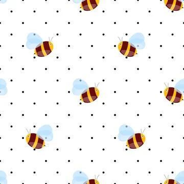 Seamless pattern with bees on white polka dots background. Small wasp. Vector Stock Illustration