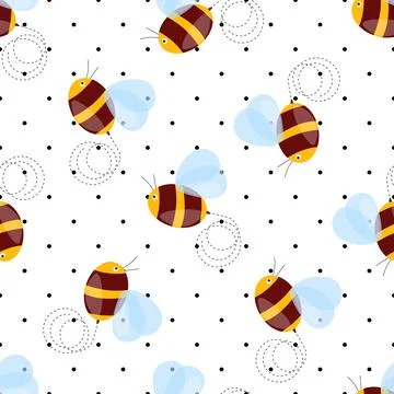 Seamless pattern with bees on white polka dots background. Small wasp. Vector Stock Illustration