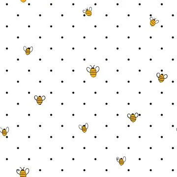 Seamless pattern with bees on white polka dots background. Small wasp. Vector Stock Illustration