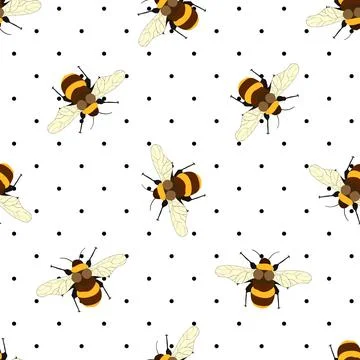 Seamless pattern with bees on white polka dots background. Small wasp. Vector Stock Illustration