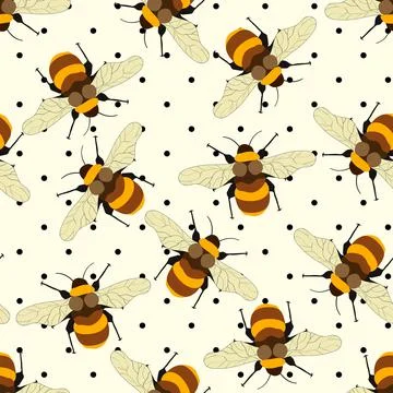 Seamless pattern with bees on white polka dots background. Small wasp. Vector Stock Illustration