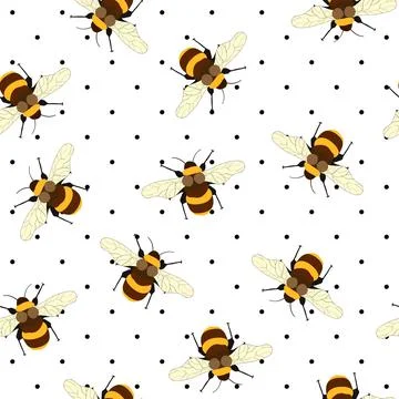 Seamless pattern with bees on white polka dots background. Small wasp. Vector Illustrazione stock