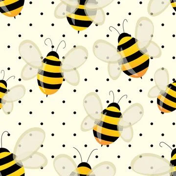 Seamless pattern with bees on white polka dots background. Small wasp. Vector Illustrazione stock