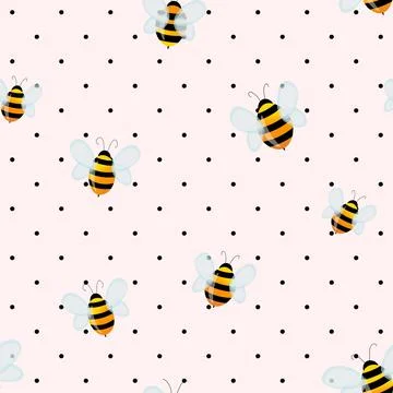 Seamless pattern with bees on white polka dots background. Small wasp. Vector Stock Illustration