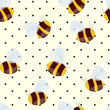 Seamless pattern with bees on white polka dots background. Small wasp. Vector Stock Illustration