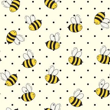 Seamless pattern with bees on white polka dots background. Small wasp. Vector Stock Illustration