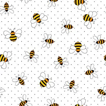 Seamless pattern with bees on white polka dots background. Small wasp. Vector Stock Illustration