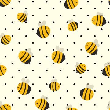 Seamless pattern with bees on white polka dots background. Small wasp. Vector Illustrazione stock