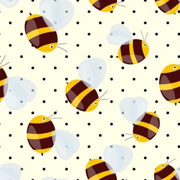 Seamless pattern with bees on white polka dots background. Small wasp. Vector Illustrazione stock