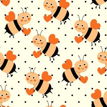 Seamless pattern with bees on white polka dots background. Small wasp. Vector Illustrazione stock