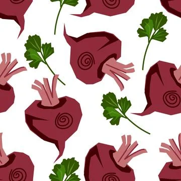 Seamless pattern with beet vegetables. Vibrant design flat vector on white .. Illustrazione stock