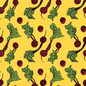 Seamless pattern with beets on yellow background. Stock Illustration