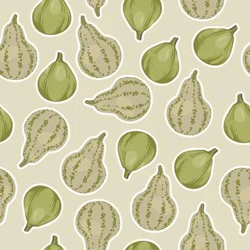 Seamless pattern of beige and green stickers pumpkins. Vector vegetable illus Illustrazione stock