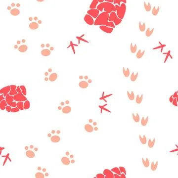 Seamless pattern with beige animal stepps and red cones Stock Illustration