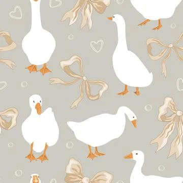 Seamless pattern with beige bows and geese birds. Cute nursery and girly ba.. Stock Illustration