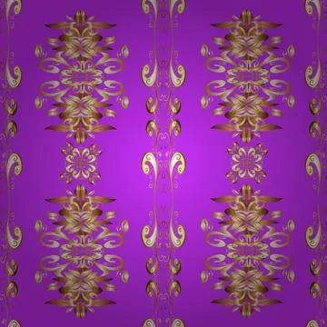 Seamless pattern on beige, brown and violet colors with golden elements. Traditi Stock Illustration