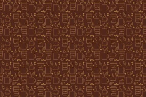 Seamless pattern of beige coffee cups, grains and leaves on a brown background Stock Illustration
