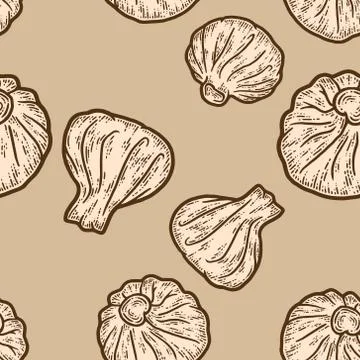 Seamless pattern, beige color background. Georgian dish, three khinkali. Stock Illustration