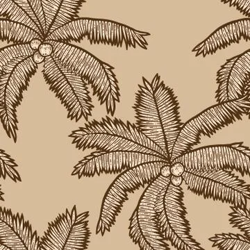 Seamless pattern beige color. Exotic, palm tree with coconuts. Sketch scratch Stock Illustration