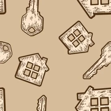 Seamless pattern, beige color. Set key with a keychain house. Sketch scratch イラスト素材