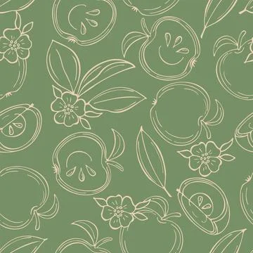 Seamless pattern with beige contour apples and slice apples on green backgrou Stock Illustration