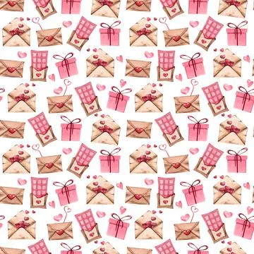 Seamless pattern with beige envelopes, pink gifts, a chocolate bar and hearts Stock Illustration