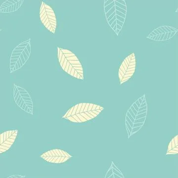 Seamless pattern with beige leaves on blue green background, vector Stock Illustration