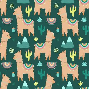 Seamless pattern of beige llamas or alpacas, mountains, cacti, sun on a green 스톡 일러스트